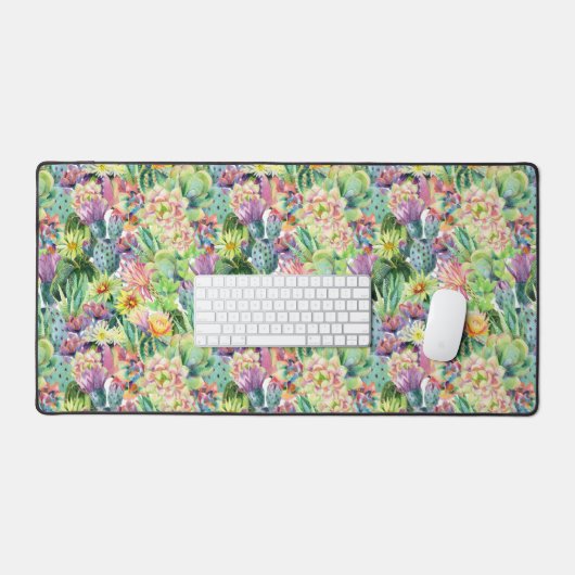 Exotic Blooming Waterverf Cacti Pattern Bureaumat (Keyboard & Muis)