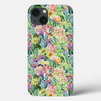 Exotic Blooming Waterverf Cacti Pattern iPhone 13 Hoesje