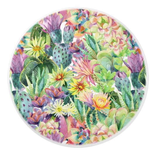 Exotic Blooming Waterverf Cacti Pattern Keramische Knop (Voorkant)