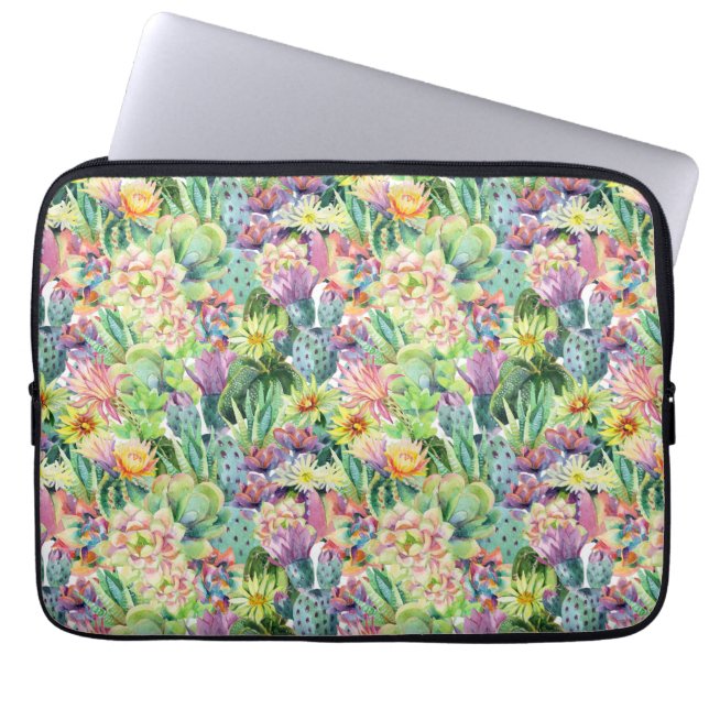 Exotic Blooming Waterverf Cacti Pattern Laptop Sleeve (Voorkant)