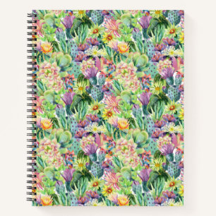 Exotic Blooming Waterverf Cacti Pattern Notitieboek