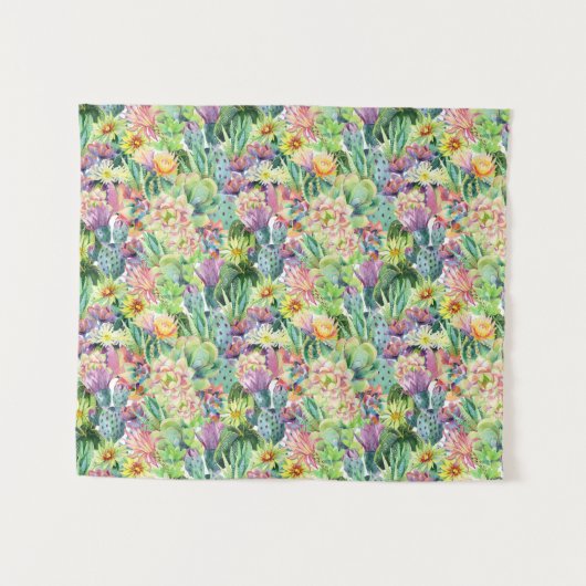 Exotic Blooming Waterverf Cacti Pattern Wandkleed (Voorkant (horizontaal))