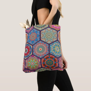 Exotic Colorful Floral Hexagonal Quilt Hexie Boho Draagtas