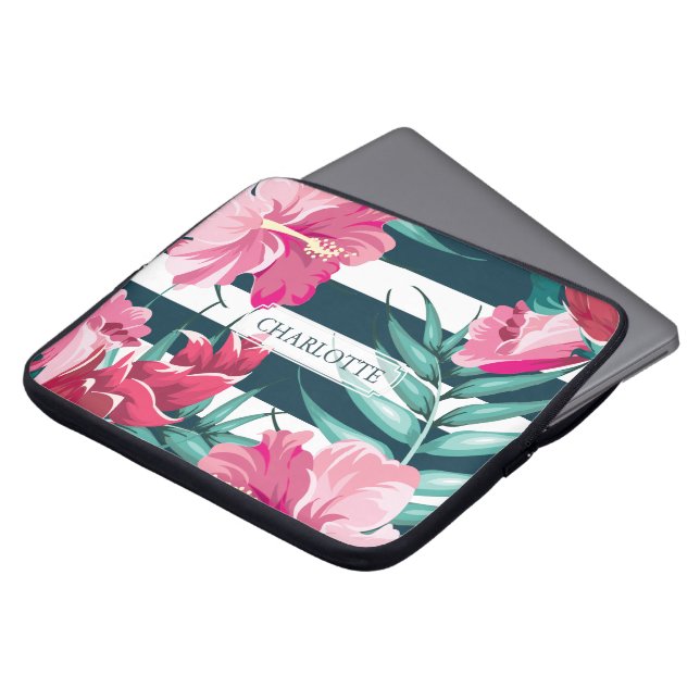 Exotic Flowers Monogram gestript Laptop Sleeve (Voorkant top)