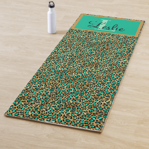 Exotic Green Gold Black Leopard Print Monogramed Yogamat