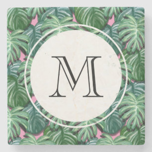 Exotic Green Tropical Leaves Pattern Monogram Stenen Onderzetter