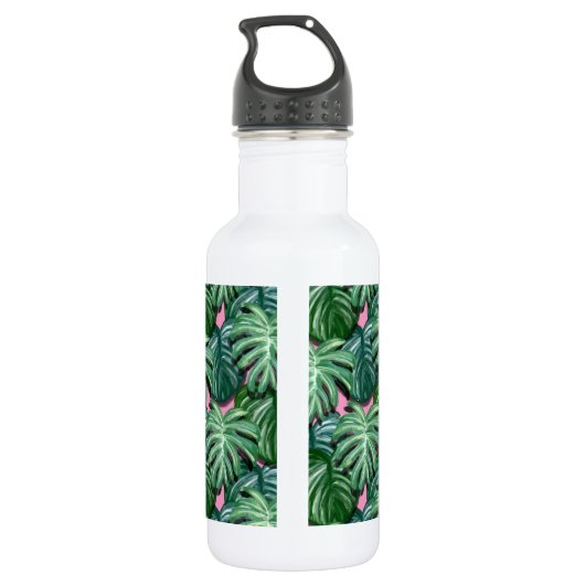 Exotic Green Tropical Leaves Pattern Waterfles (Achterkant)