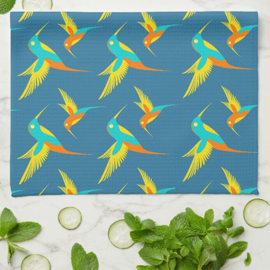 Exotic Hummingbird Pattern Blue  Theedoek (Gevouwen)