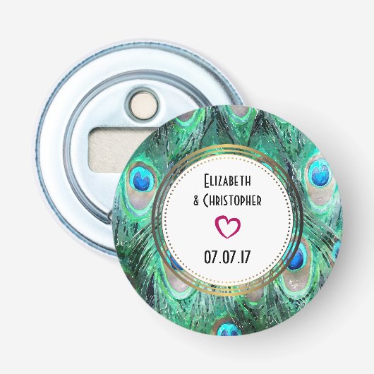 Exotic Peacock Feathers Wedding Favoriet Button Flesopener (Voorkant)