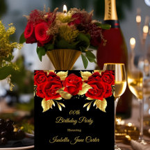Exotic Red Rose Black Floral Golden Birthday Party
