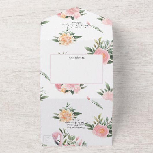 Exotic Tropical Pink Flamingo Weduwemonogram All In One Uitnodiging (Buitenkant)
