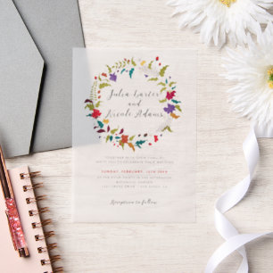 Exotic Woodland Wildflower krans bruiloft Vellum Uitnodigingen