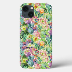 Exotisch Bloeiend Waterverf Cacti Patroon iPhone 13 Hoesje
