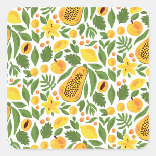 Exotisch Vruchten Ensemble: Papaya, Citroen, Mango Vierkante Sticker