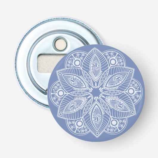 Exotisch wit Mandala op blauwe achtergrond Button Flesopener (Voorkant)