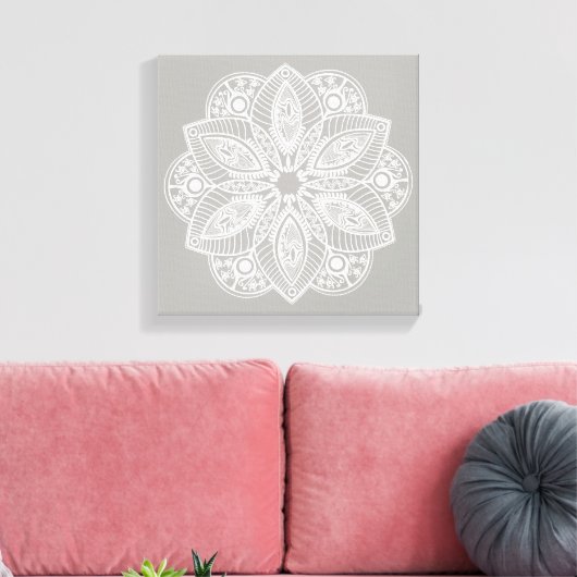 Exotisch wit Mandala op grijze achtergrond Canvas Afdruk (Insitu (Woonkamer))