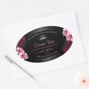 Exotisch zwart productlabel roze Hawaii bloem logo Ovale Sticker