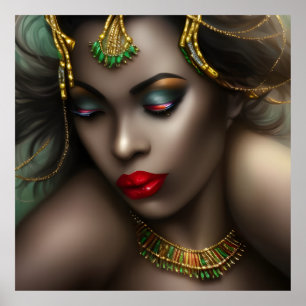 Exotische Afrikaanse mooie vrouw rode lippen goud Poster