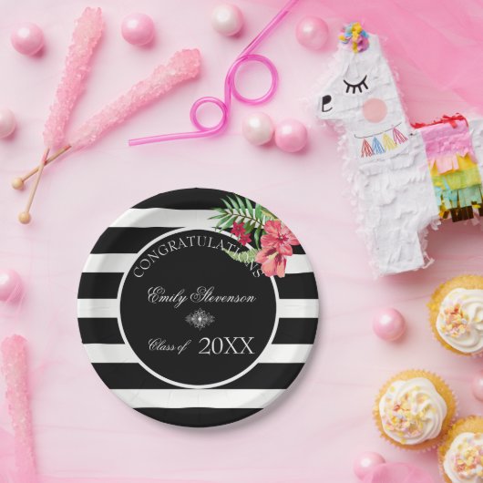 Exotische bloemen zwarte strepen- Afstuderen Papieren Bordje (Feest)