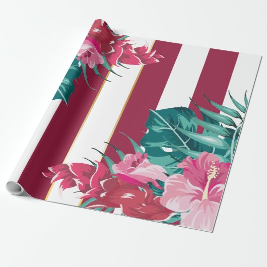 Exotische bogundy Floral gestript Cadeaupapier (Uitgerold)