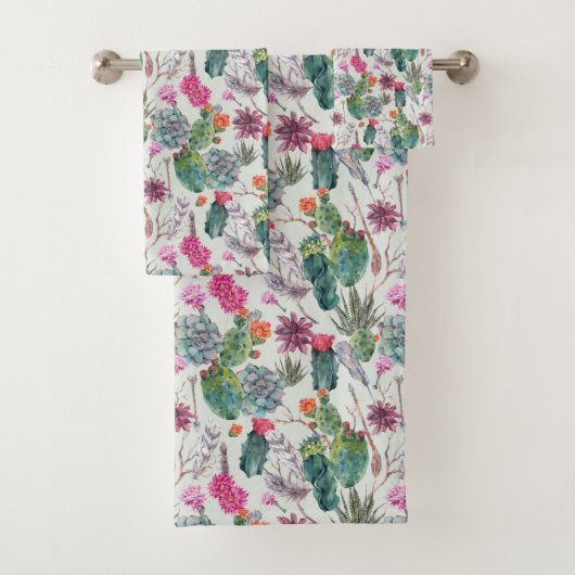 Exotische Boho Waterverf Cactus & Succulent Patroo Bad Handdoek (Insitu)