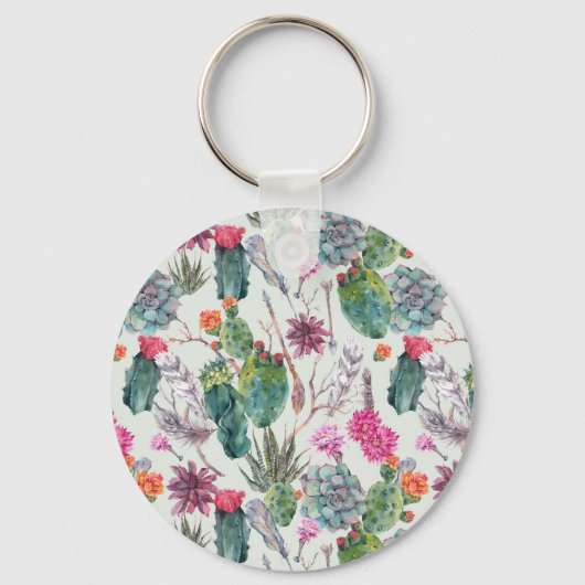 Exotische Boho Waterverf Cactus & Succulent Patroo Sleutelhanger (Voorkant)