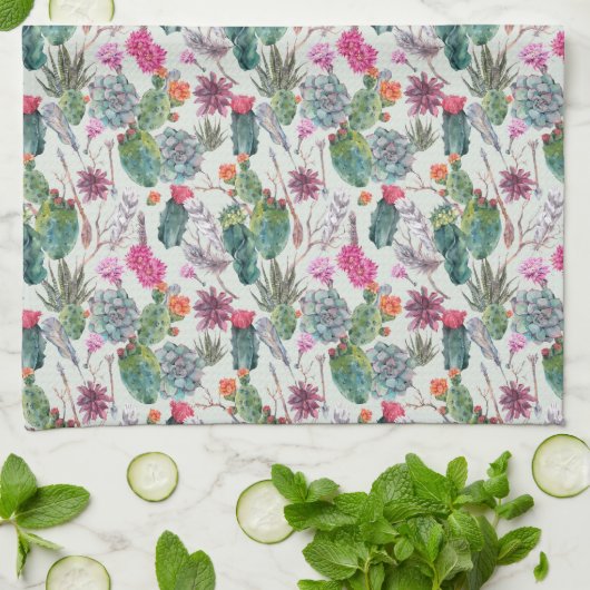 Exotische Boho Waterverf Cactus & Succulent Patroo Theedoek (Gevouwen)