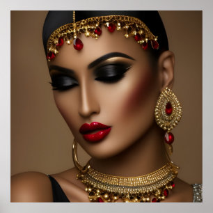 Exotische Egyptische sieraden vrouwen goud rood zw Poster