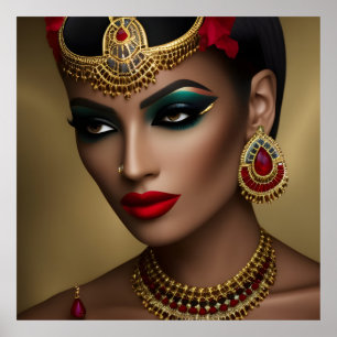 Exotische Egyptische sieraden vrouwen goud rood zw Poster