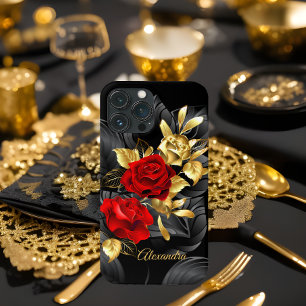 Exotische Elegante Rode Roos Bloemrijke Gouden Zwa iPhone 13 Pro Max Hoesje