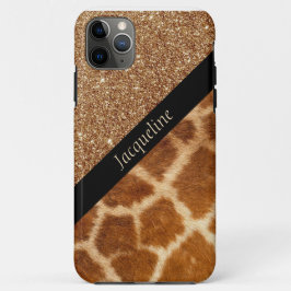 Exotische Giraffe Fur en bruine glitter Glam iPhone 11 Pro Max Hoesje