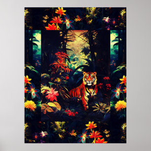 Exotische kleurrijke tijger in Forest Art Collage Poster