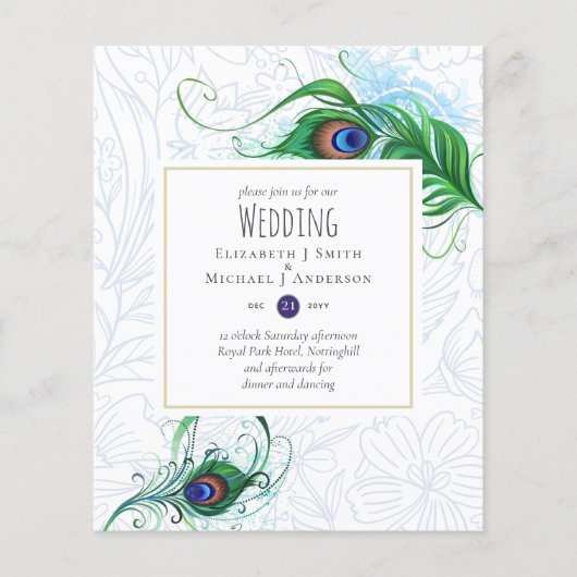 Exotische PAUWENVEER Huwelijksuitnodiging BUDGET (Voorkant)