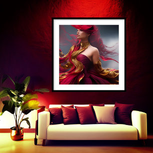 Exotische roodharige vrouw stromend rood Goud Abst Poster