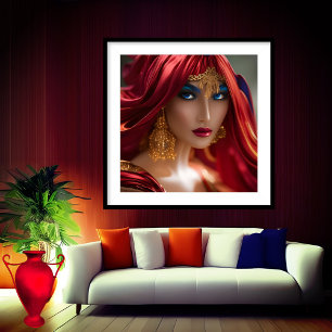 Exotische roodharige vrouw stroom rood Blauw Goud Poster