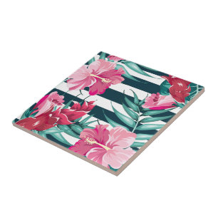 Exotische roze bloemen gestript tegeltje