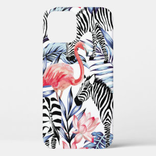 Exotische roze flamingo, zebra op achtergrond zome iPhone 12 hoesje