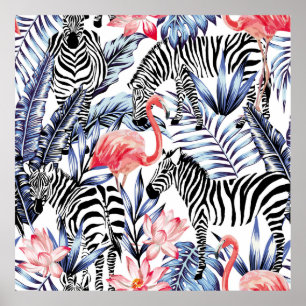 Exotische roze flamingo, zebra op achtergrond zome poster