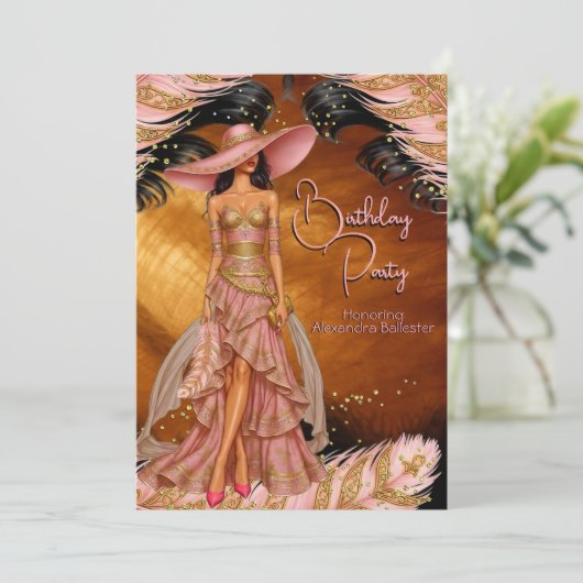 Exotische Roze Jurk Goud Zwart Verjaardagsfeest Kaart (Staand voorkant)
