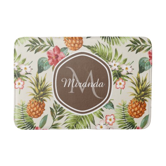 Exotische tropische anananas Floral bruin monogram Badmat (Voorkant)