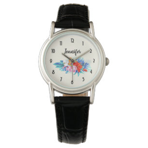 Exotische tropische bloemen - Roze en Aquamarine Horloge