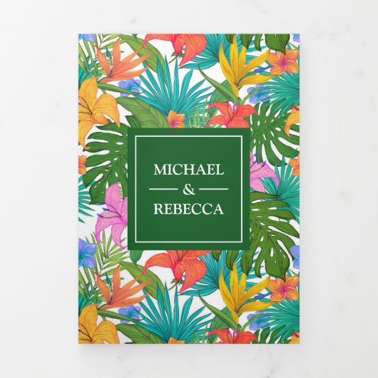 Exotische tropische kleurrijke tuin foto bruiloft drieluik uitnodiging (Cover)