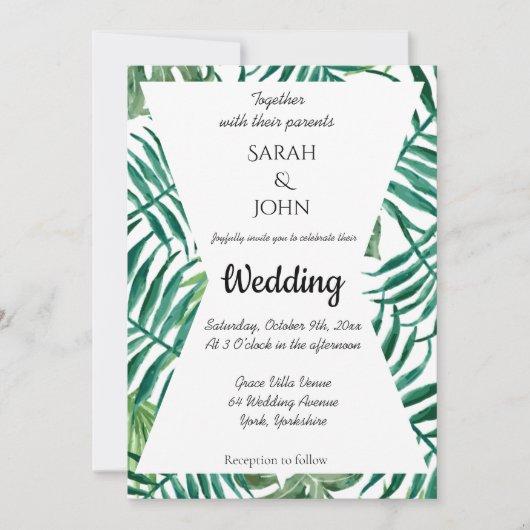 Exotische tropische palm laat groen bruiloft over kaart (Voorkant)