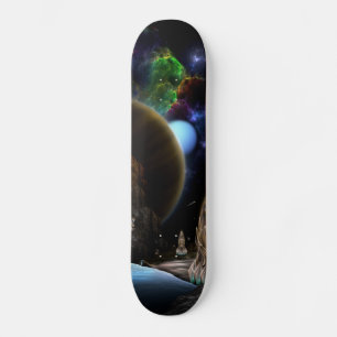 Exploratie van het ruimtesatellietdek plus vistuig skateboard