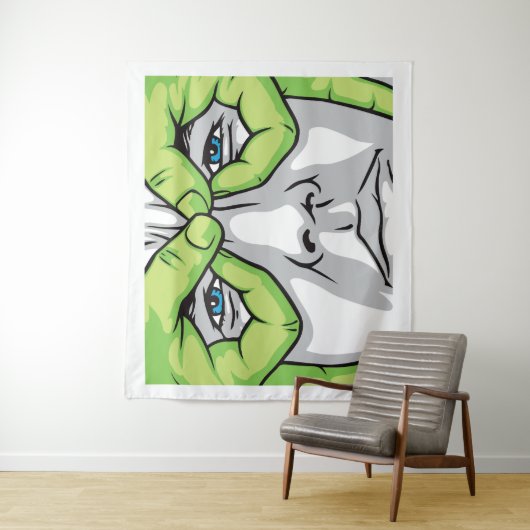 Expressieve gezichten, groene hand en gekleurde og wandkleed (In situ)