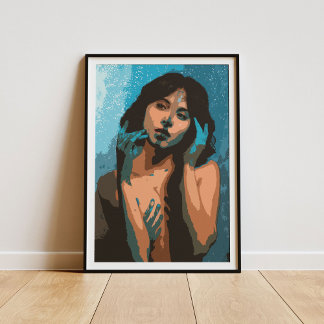 Expressieve vrouw in blauwe tinten schilderij poster