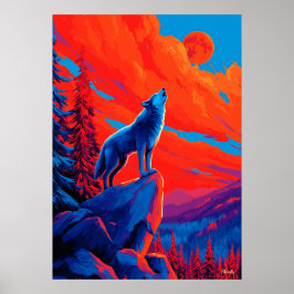 Expressionist Wolf Under Crimson Moon Wall Art Poster