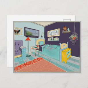 Expressionistische kunstblauwe slaapkamer briefkaart