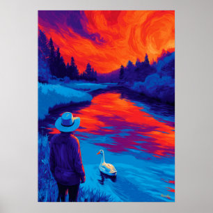 Expressionistische rivier zonsondergang contemplat poster