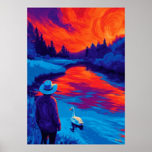 Expressionistische rivier zonsondergang contemplat poster (Voorkant)